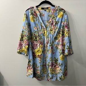 Denim 24/7 Blue & Pink Short Sleeve Floral Pintuck Cotton Button Down Shirt 20W